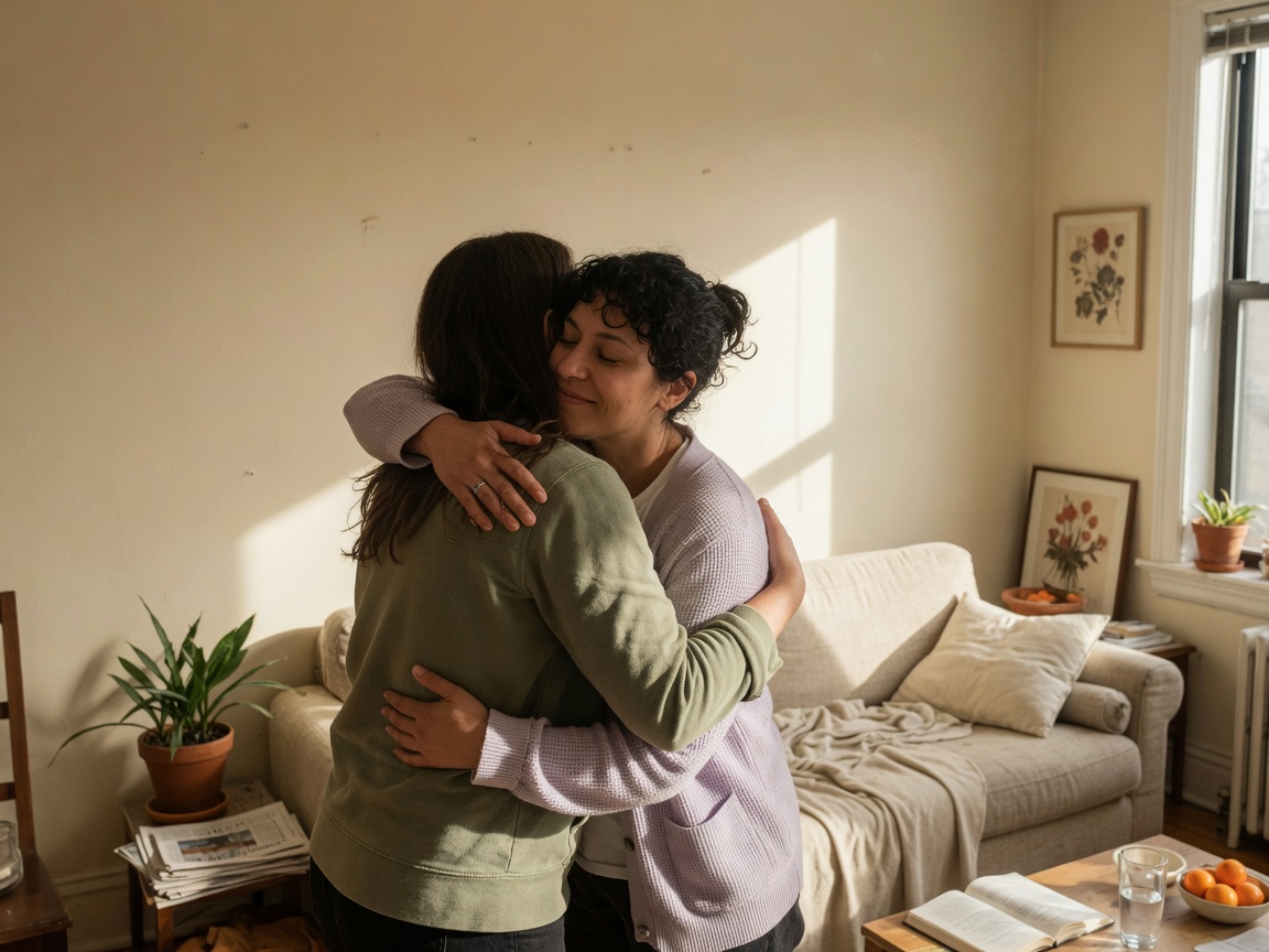 Two friends sharing a quiet hug in a sunlit living room