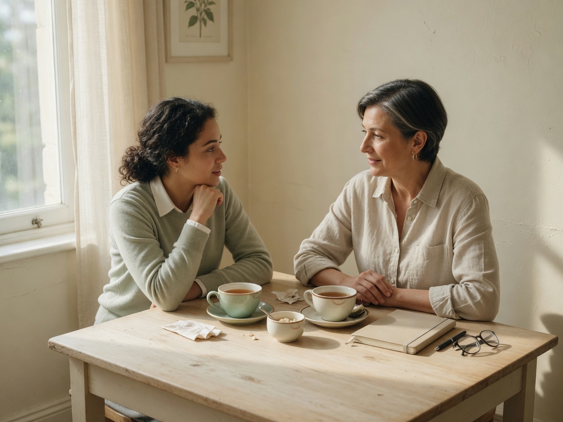 Two people in a one-on-one conversation at a table with tea and a notebook