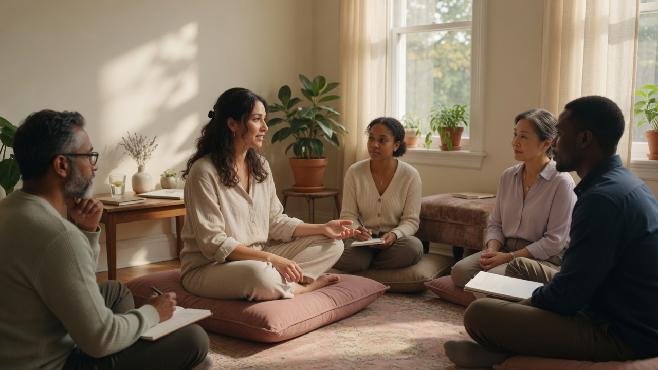A small circle of people sitting on cushions in a sunlit room, listening and taking notes