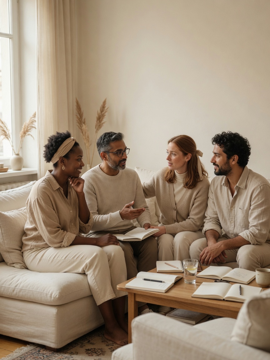 Four people sitting together with open journals, talking in a quiet living room